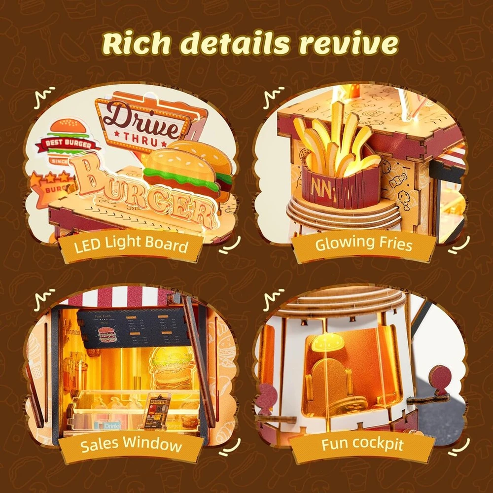 Funpola 3d medinis dėlionė Burger Truck modelis - pasidaryk pats miniatiūrinis maisto sunkvežimio lėlių namelio transporto priemonės rinkinys su Led lemputėmis - puiki kūrybinė dovana vaikams ir suaugusiems (mėsainiai)