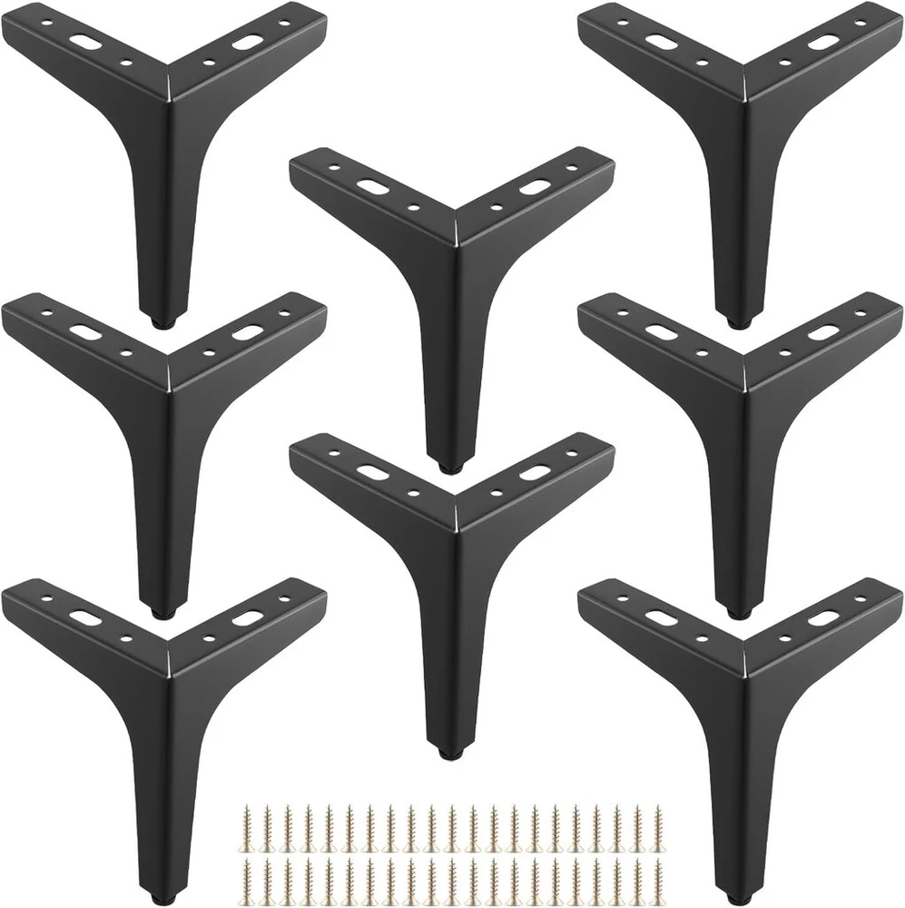 Fotelis Funsuei 8 baldų kojelių rinkinys, metalinės, juodos, 15 cm, trikampės baldų kojelės su varžtais, spintelių kojelės, baldai spintelėms, sofoms ir kitoms baldų kojelėms
