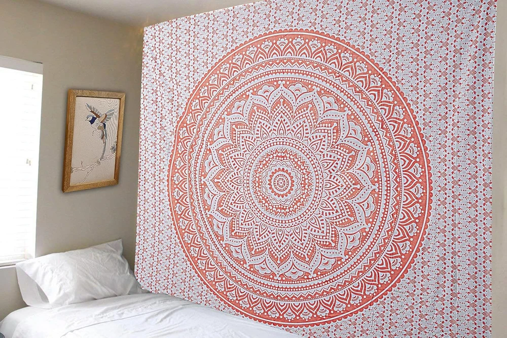 Furnishful Finesse Mandala gobelenas rožinis sieninis gobelenas Boho Ombre sieninis rankšluostis namų ir svetainės dekoravimui - 213 x 228 cm