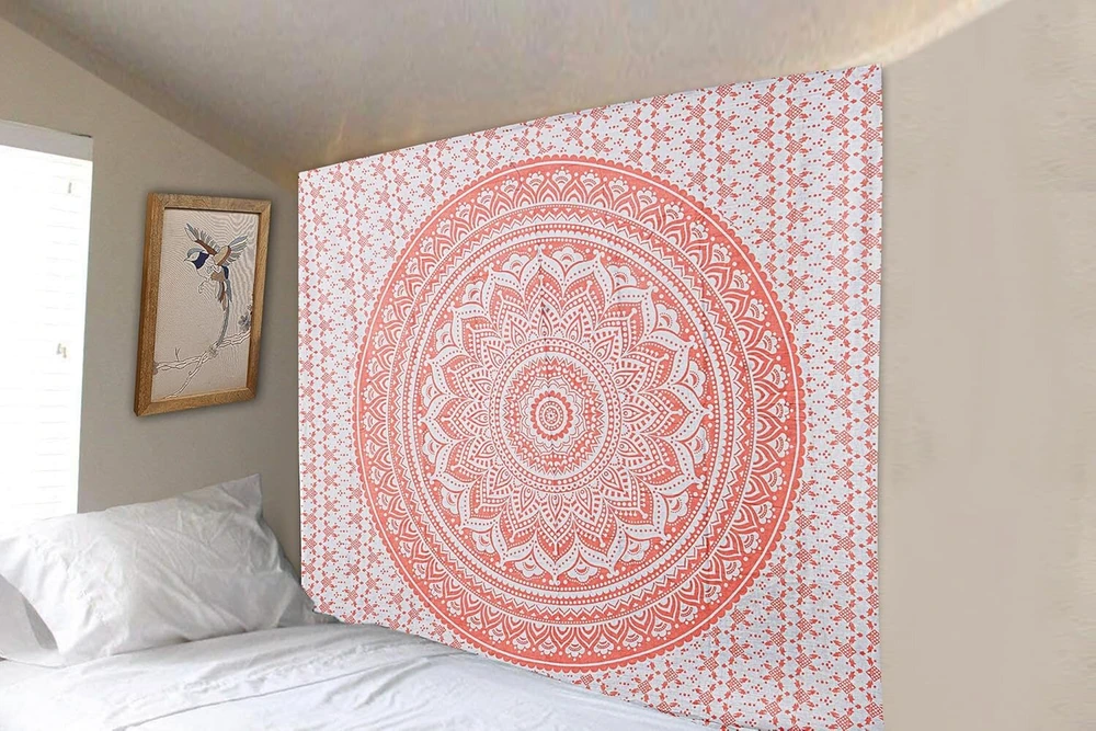 Furnishful Finesse Mandala gobelenas rožinis sieninis gobelenas boho ombre sieninis rankšluostis namų ir svetainės dekorui - 76 x 102 cm