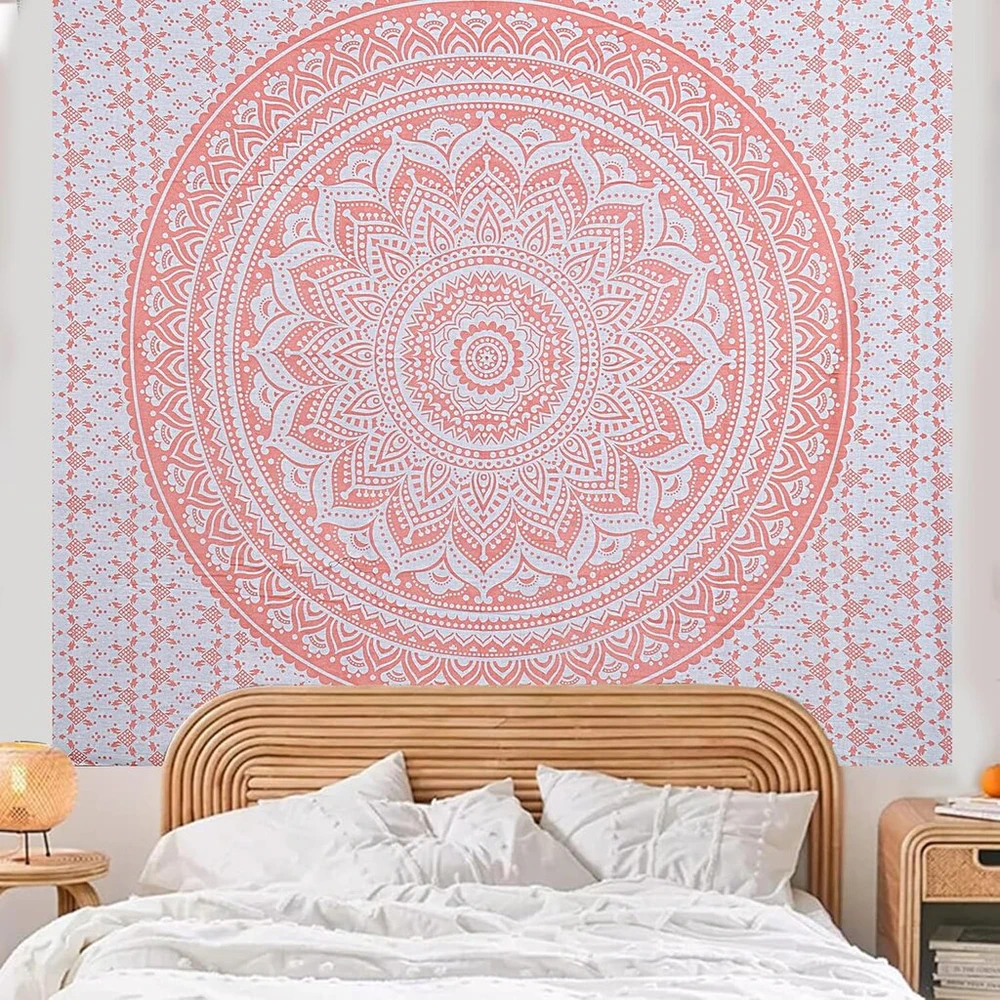 Furnishful Finesse Mandala gobelenas rožinis sieninis gobelenas Boho Ombre sieninis rankšluostis namų ir svetainės dekoravimui - 213 x 228 cm