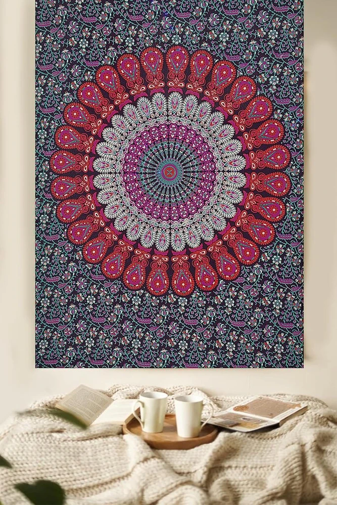 Furnishful Finesse Mandala gobelenas violetinės rožinės spalvos sienų apmušalai Boho povas sienų rankšluostis namų ir svetainės dekorui - 127 x 152 cm