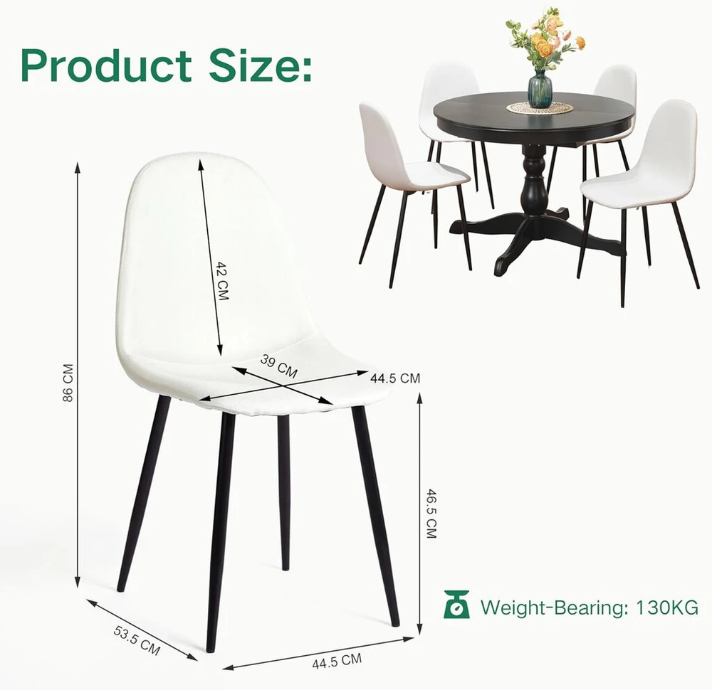 Furniturer 4 elegantiškų audinio valgomojo kėdžių su metalinėmis kojomis komplektas. Idealiai tinka miegamajam, svetainei, kreminės baltos spalvos