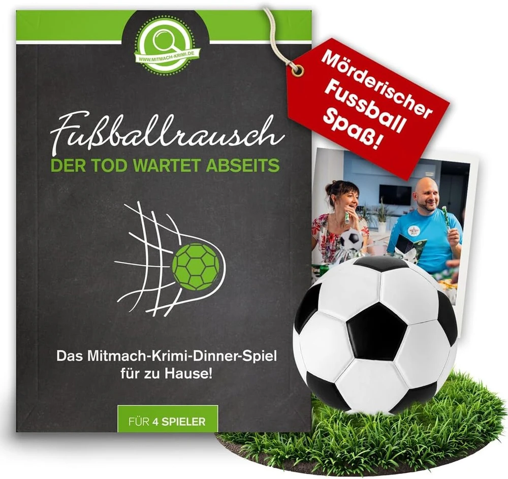 Fussballrausch der Tod wartet Abseits – kriminalinis vakarienės žaidimas namuose 4 asmenims – dovana futbolo gerbėjams – žmogžudystės kriminalinė vakarienė