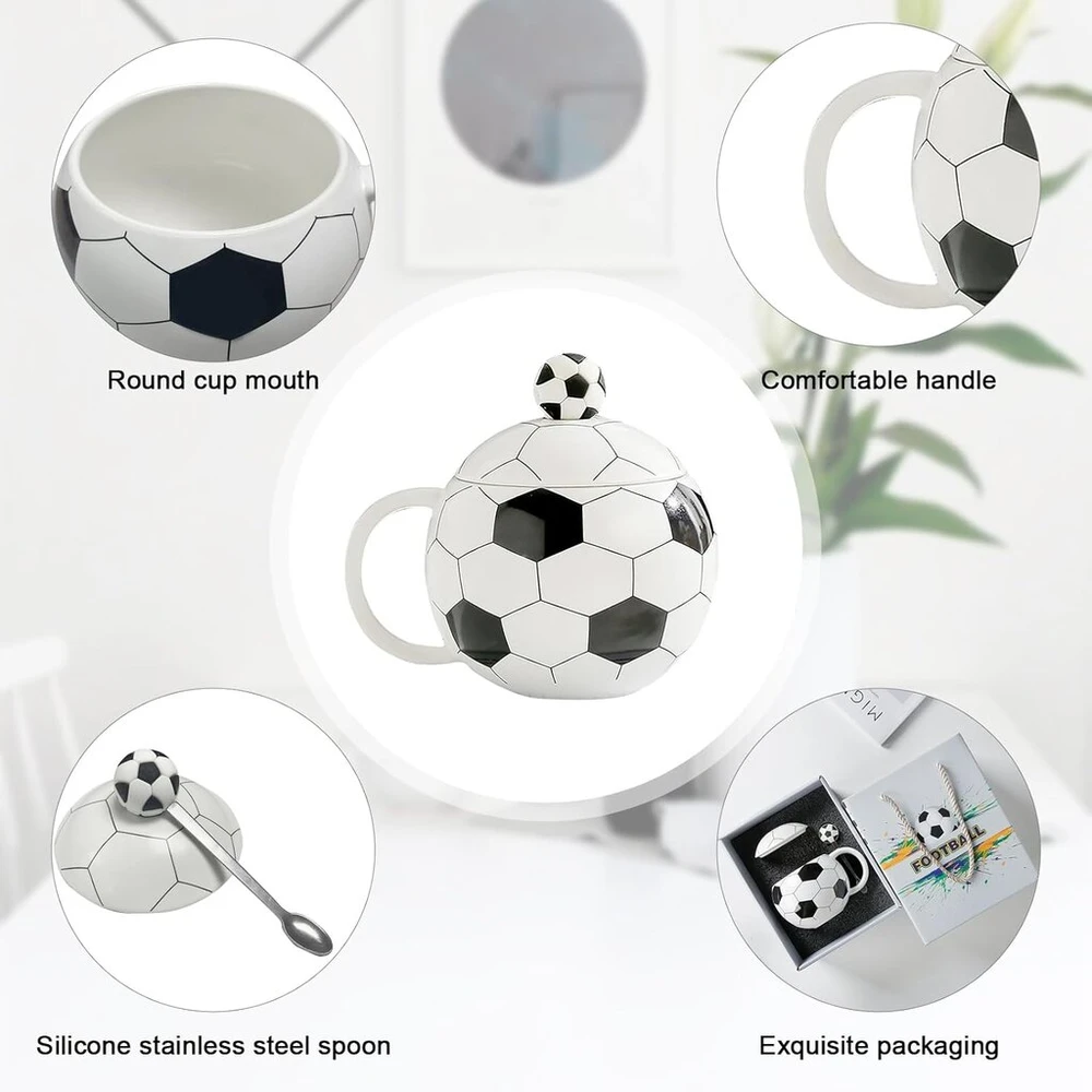 Futbolo puodelis, futbolo kavos puodelis su dangteliu ir šaukšteliu, 400 ml futbolo keramikinis puodelis, futbolo dovanos vyrams, futbolo gerbėjams, berniukams, mergaitėms, gimtadienio proga (football Cup)