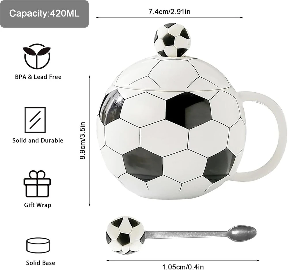 Futbolo puodelis, futbolo kavos puodelis su dangteliu ir šaukšteliu, 400 ml futbolo keramikinis puodelis, futbolo dovanos vyrams, futbolo gerbėjams, berniukams, mergaitėms, gimtadienio proga (football Cup)