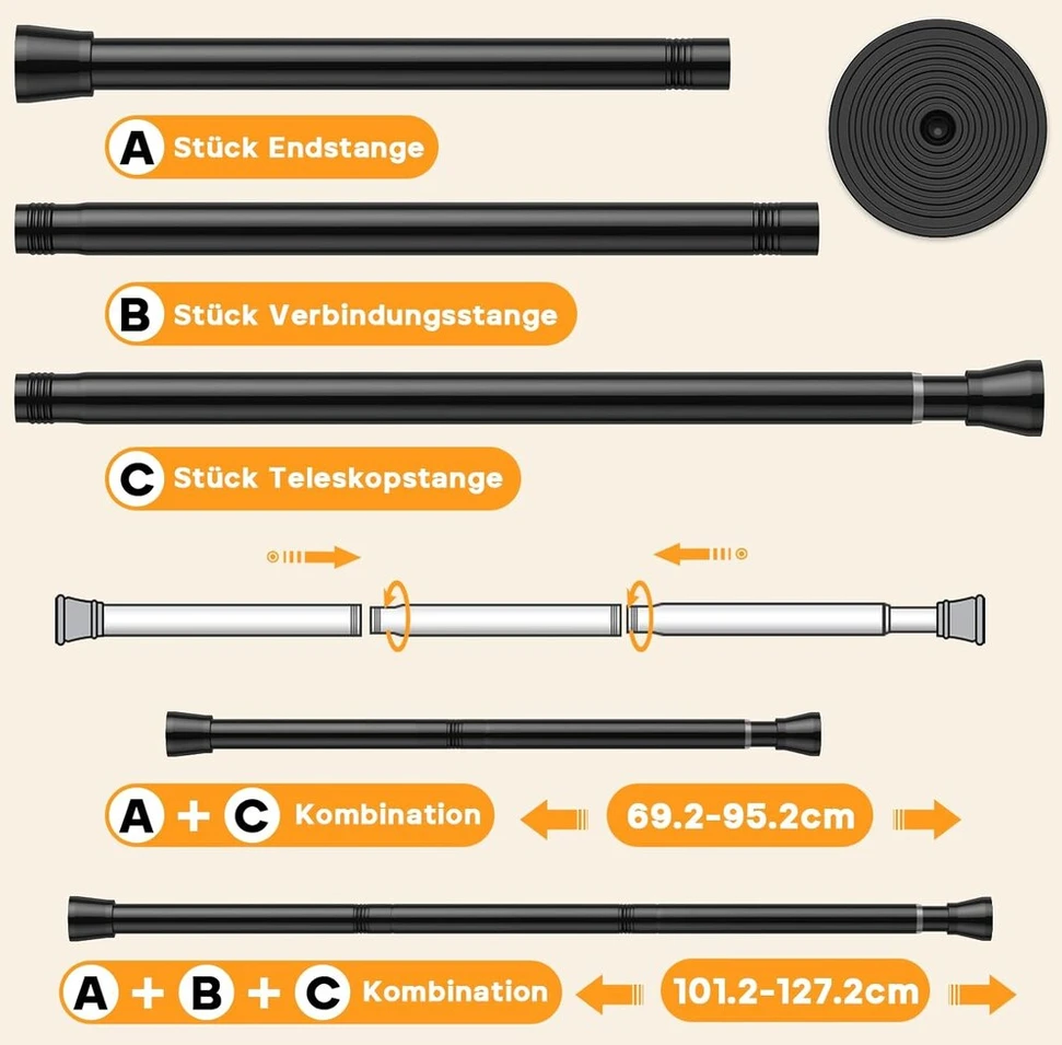 Fvonzn dušo užuolaidų strypas užspaudimui (70-127 cm) - juodas užuolaidų strypas be gręžimo - teleskopinis įtempimo strypas 71-127 cm - užuolaidoms ir dušui