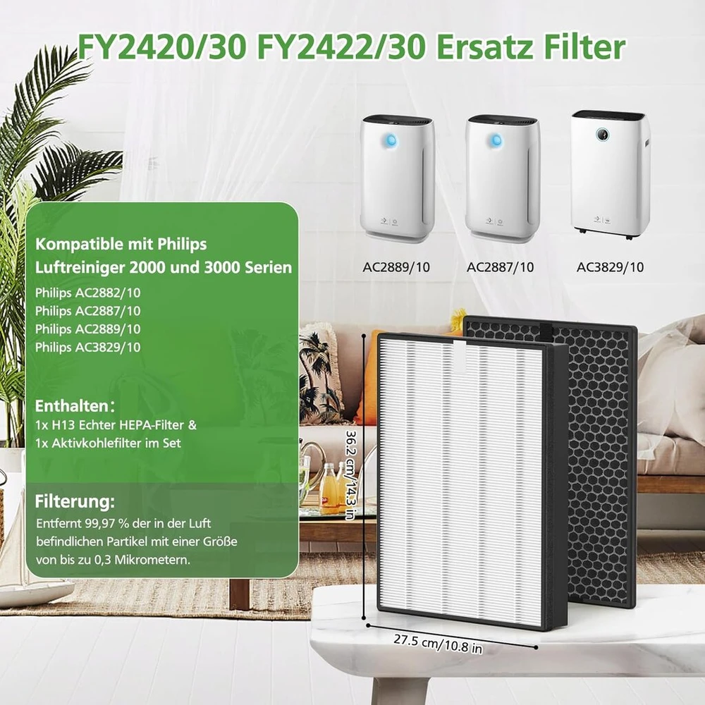 Fy2420/30 pakaitinis filtras, suderinamas su "philips" oro valytuvais ac2882, ac2885, ac2887, a2889, ac2892, ac3829, 2000 ir 3000 serijos, įskaitant 1 hepa filtrą ir 1 aktyvintos anglies filtrą