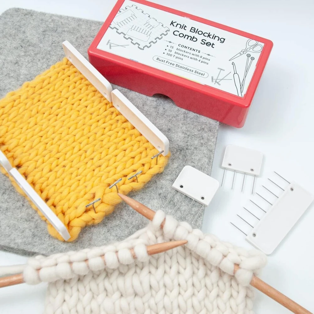 Fyearfly megztų gaminių blokavimo šukų rinkinys, lenktos mezgimo blokavimo šukos, su 25 šukų adatomis ir 100 T formos adatų, mezgimo priedų rinkinys mezgimo, nėrimo ir rankdarbių projektams