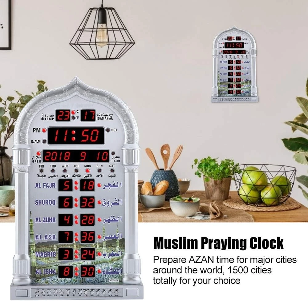 Fyearfly musulmoniškas azan maldos laikrodis - lcd automatinis islamo maldos laikrodis namams/biurui/mečetei, skaitmeninis dekoratyvinis sieninis/stalinis laikrodis (nuotolinis valdymas + eu kištukas)