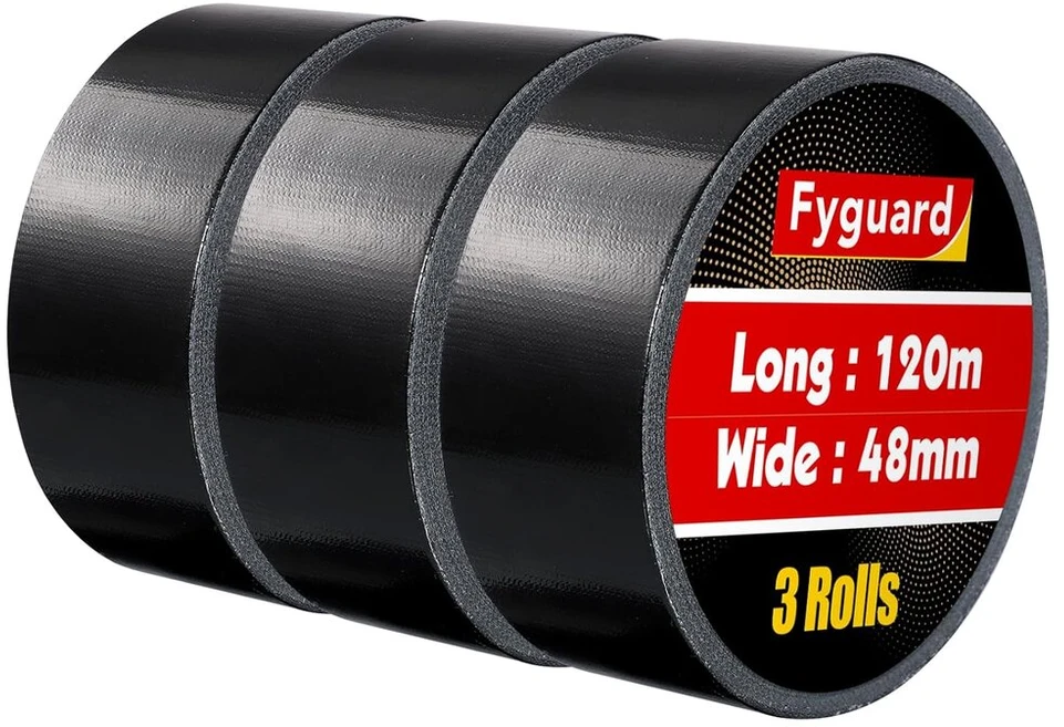 Fyguard 3 ritiniai lipnios juostos, juoda, 48 mm x 120 m, audinio juosta, gaffa juosta, lipni juosta, 210 μm vandeniui atspari remonto juosta, atspari oro sąlygoms, skirta namų ūkiui, sodams, statybvietėms (40 m ritinys)