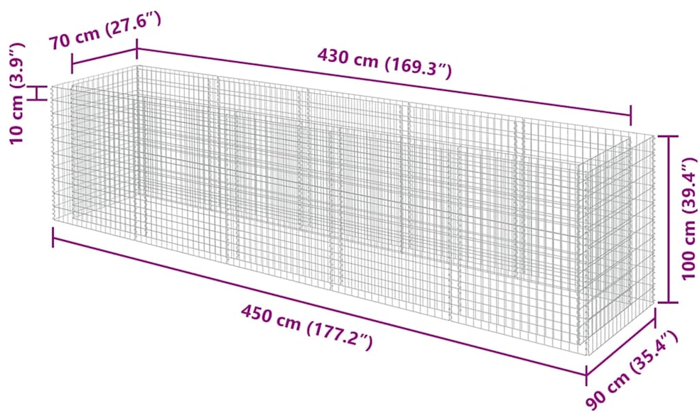Gabiono vazonas, galvanizuotas plienas, 450x90x100cm, aukštas