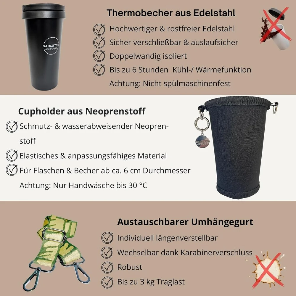 Gadgetto mėtų žalios spalvos puodelio laikiklis, butelių krepšys pakabinimui su termopuodeliu 500 ml, skirtas veiklai lauke, festivaliams, plaukiojimui, žygiams