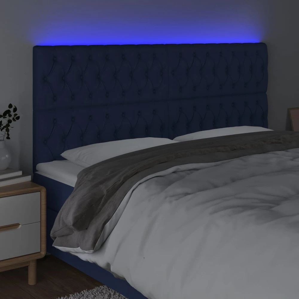 Lova Galvūgalis su LED, mėlynos spalvos, 200x7x118/128cm, audinys
