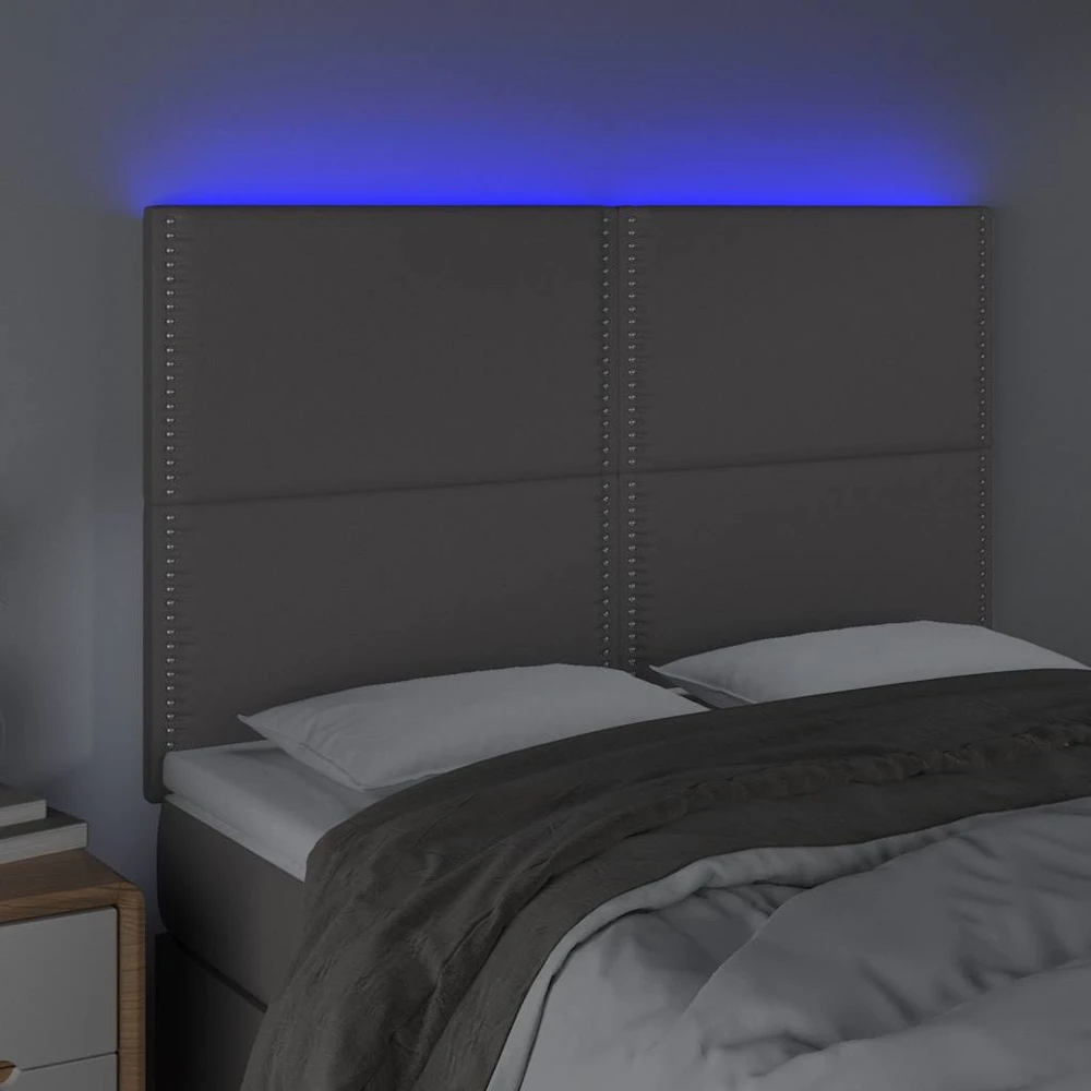 Lova Galvūgalis su LED, pilkas, 144x5x118/128cm, dirbtinė oda