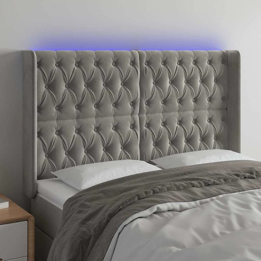 Lova Galvūgalis su LED, šviesiai pilkas, 147x16x118/128cm, aksomas
