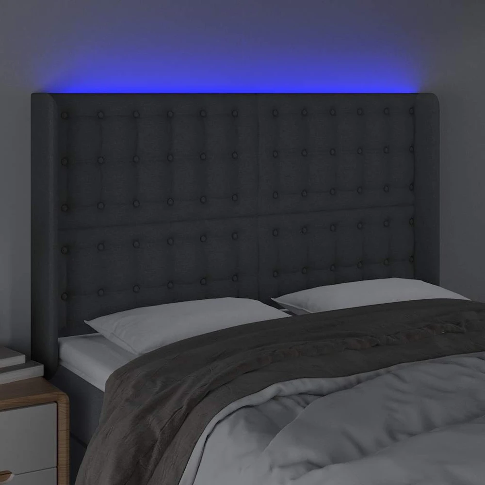 Lova Galvūgalis su LED, tamsiai pilkas, 147x16x118/128cm, audinys