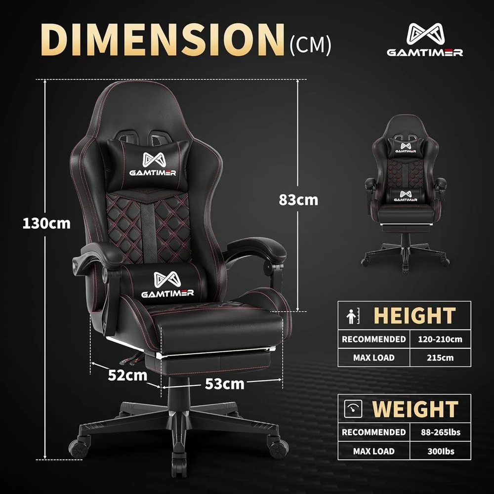 Gamtimer žaidimų kėdė, didelė žaidimų kėdė, ergonomiška biuro kėdė su kojų atrama, žaidimų kėdė 200 kg, pu odos žaidimų kėdė, reguliuojamo aukščio 360° pasukama kėdė (ruda)