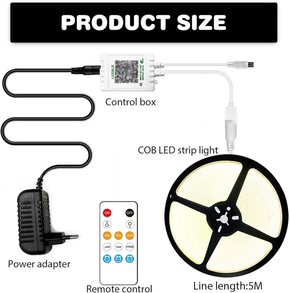 Gaouto cob led juosta 5 m, valdymas programėle, cob juosta su nuotolinio valdymo pulteliu, 3000 k šiltai balta šviesos juosta, 24 v pritemdoma led juosta, šiltai balta, šviesos juosta namams, virtuvei, kambariui, pasidaryk pats dekoravimui