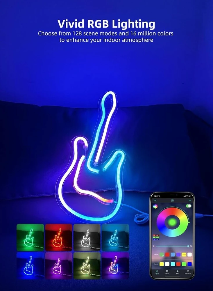 Pakabinamas šviestuvas Gaoxun gitaros neoninis ženklas maitinamas Usb, 40 x 19 cm Led neoninė šviesa pritemdoma, valdymas programėle, muzikos sinchronizavimas, neoninis ženklas sienų kambario dekoravimui miegamojo baro klubo vakarėlio vestuvių gimtadienio dovana (įvairiaspalvis