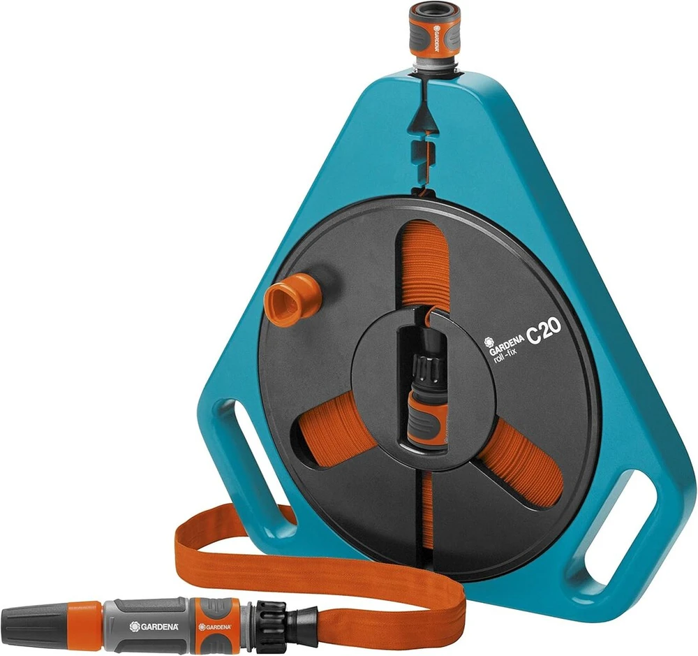 Gardena Classic roll-fix plokščia žarna 20 su kasete: vietą taupanti žarnos kasetė su vandens žarna (ø 12 mm kasetėje), automatinis saugos įtaisas, įskaitant švirkštą, su prijungimo įtaisais (757-20)