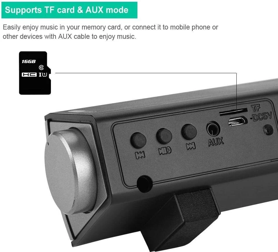 Kompiuterio kolonėlės Garsent bluetooth garso juosta, belaidė bluetooth stereo garso juosta, žemų dažnių garsiakalbio palaikymas tf kortelei, aux, laisvų rankų funkcija, nešiojamas namų kino teatro garso grotuvas su nuotoliniu valdymu