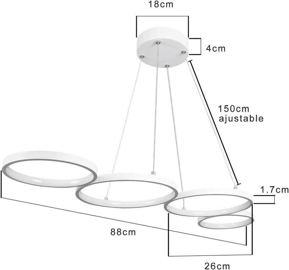 Gbly led pakabinamas šviestuvas valgomojo stalui: 88 cm baltas pakabinamas šviestuvas modernus 4 žiedų pakabinamas šviestuvas valgomojo kambario šviestuvas reguliuojamas valgomojo stalo šviestuvas su nuotolinio valdymo pulteliu pakabinamas šviestuvas svet
