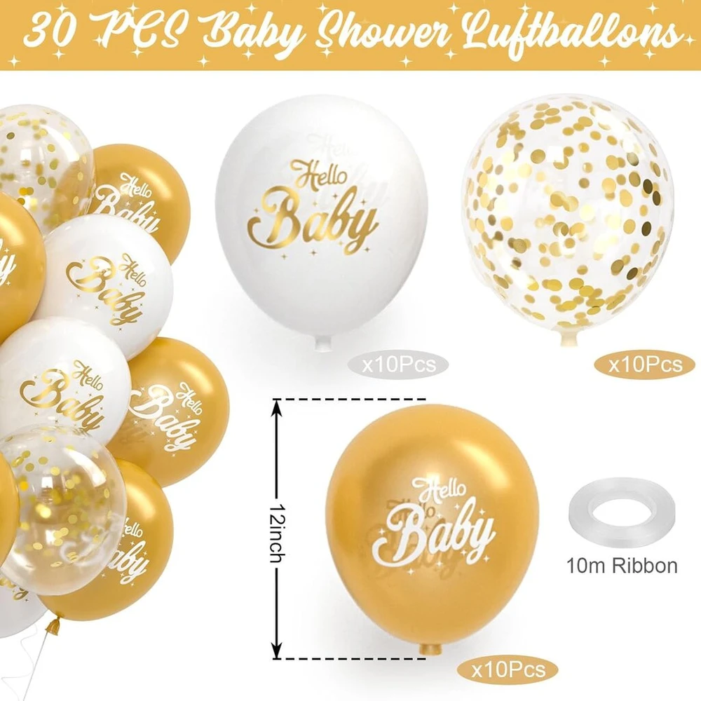 G.c 30 balionų rinkinys kūdikio sutiktuvių šventei, dekoracijos kūdikio sutiktuvių šventei, aukso ir baltos spalvos balionai, užrašas "hello Baby" kūdikio sutiktuvių šventei, lyties atskleidimo vakarėlio dekoracija, gimtadienio dekoracija, berniukams ir m