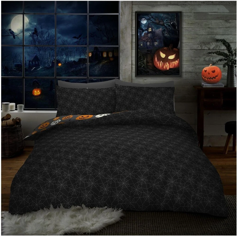 Gc Gaveno Cavailia Polycoton dvigulės patalynės užvalkalų komplektas - Halloween patalynės komplektas (200 x 200 cm) - Kvėpuojantis užvalkalų komplektas - Vaiduoklių rašto apverčiamas antklodės užvalkalas