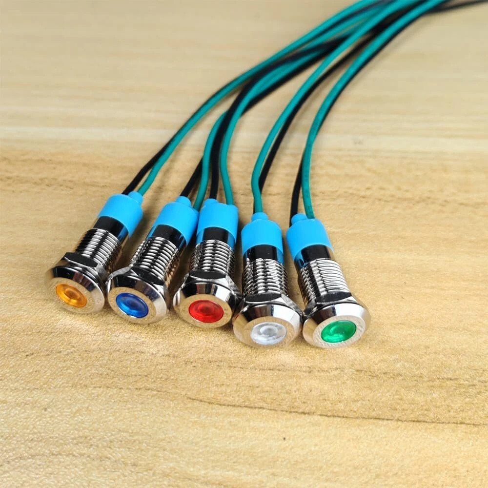 Gebildet 5 vnt. 8 mm 3v-4.5v-5v-6v-7.5v-9v Led metalinis indikatorius, atsparus vandeniui signalinis žibintas su laidu (raudonas/oranžinis/mėlynas/žalias/baltas)