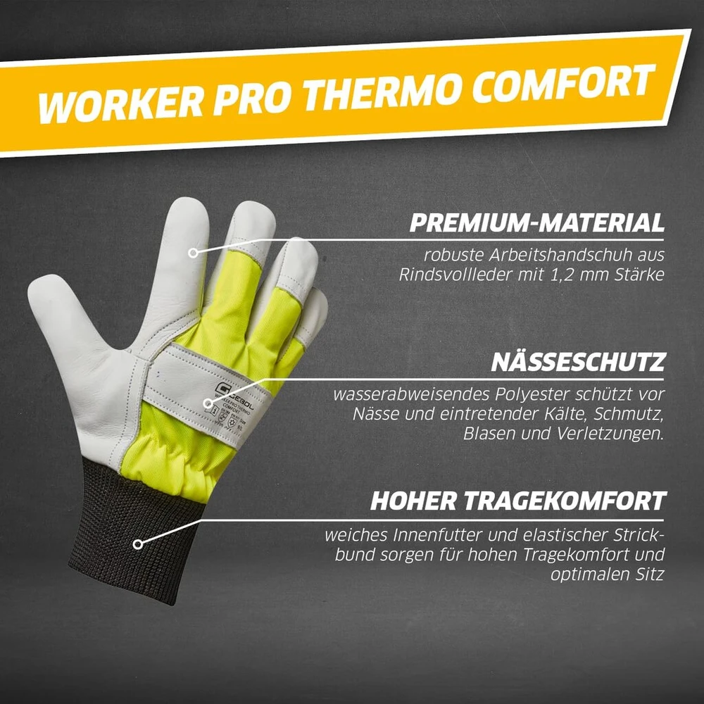 Gebol Worker Pro Thermo Comfort vyriškos odinės darbo pirštinės, neperšlampamos pirštinės su pašiltinimu žiemai, apsauginės pirštinės, dydis L (9), geltonos/baltos