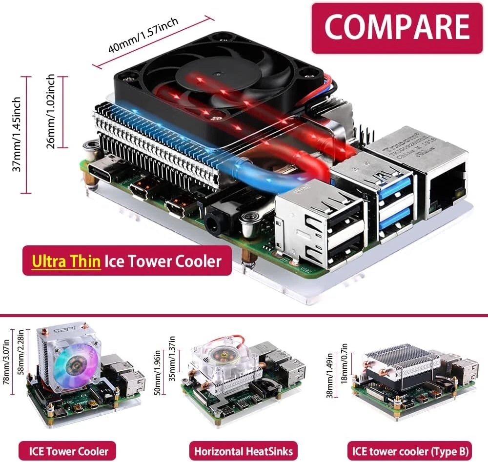 Geeekpi Itin plonas Ice Tower aušintuvas, skirtas Raspberry Pi 4, aliumininis aktyvus aušintuvas su 40 x 40 x 7 mm Pwm ventiliatoriumi, skirtas Raspberry Pi 4 Model B 8gb