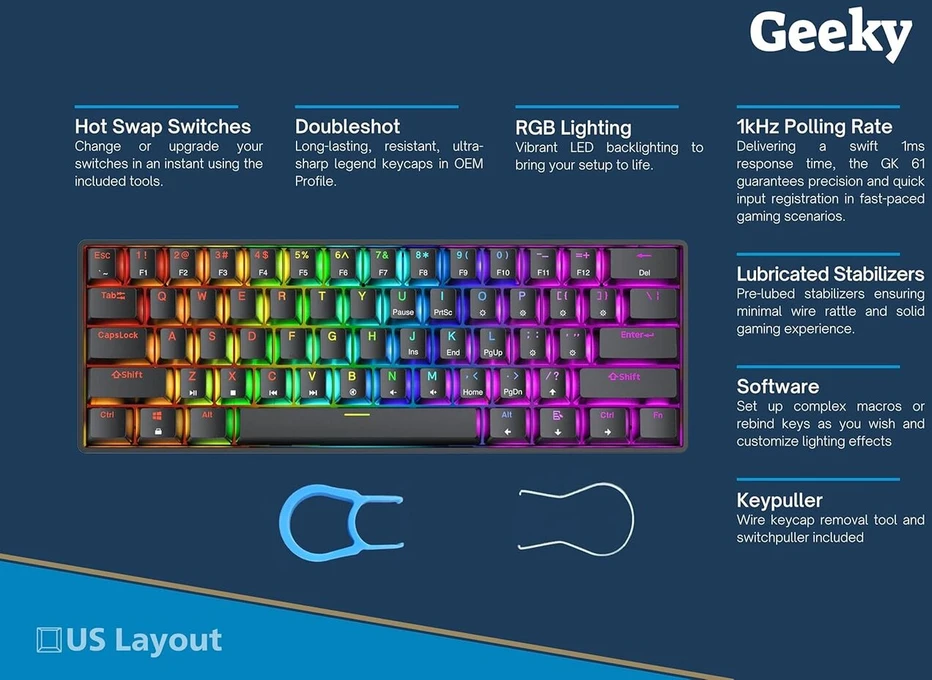 Geeky Gk61 60% | keičiama mechaninė žaidimų klaviatūra | 61 klavišas, daugiaspalvis Rgb Led apšvietimas, skirtas Pc/mac žaidėjams | Ansi Us American išdėstymas (juoda, Mechaninė Speed Sidabrinis)