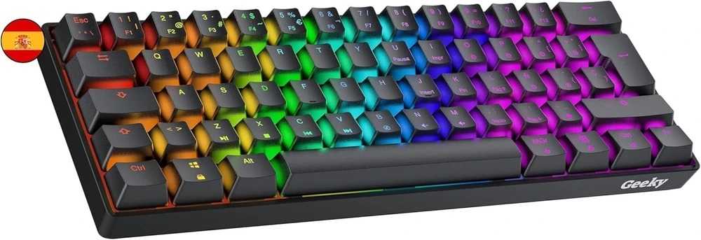 Geeky Gk61 60% | keičiama mechaninė žaidimų klaviatūra | 62 klavišų daugiaspalvis rgb led apšvietimas, skirtas pc/mac žaidėjams | iso es ispanų išdėstymas (juoda, mechaninė ruda)