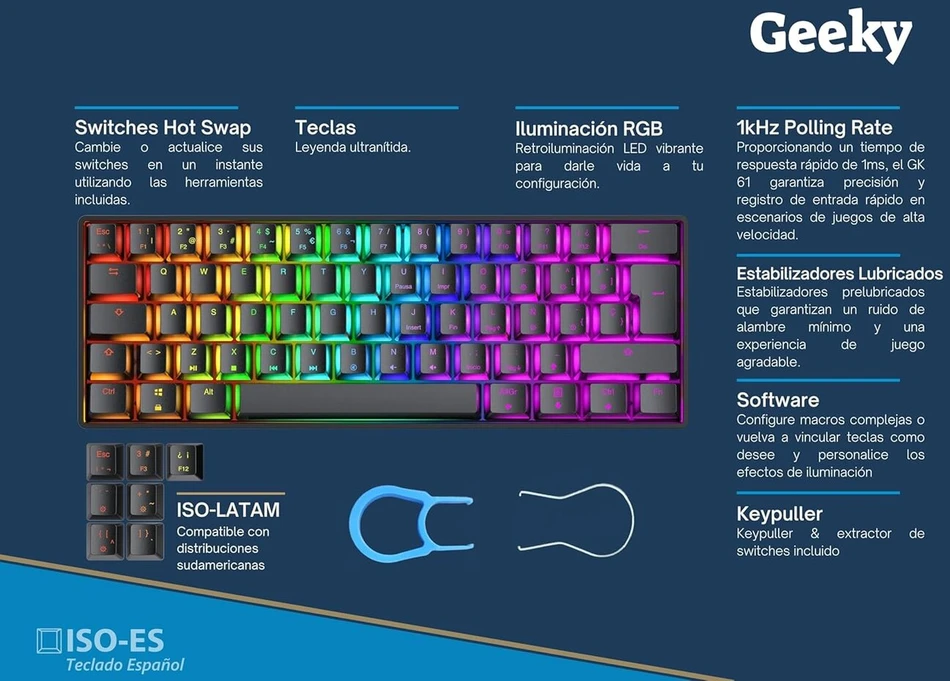 Geeky Gk61 60% | keičiama mechaninė žaidimų klaviatūra | 62 klavišų daugiaspalvis rgb led apšvietimas, skirtas pc/mac žaidėjams | iso es ispanų išdėstymas (juoda, mechaninė ruda)