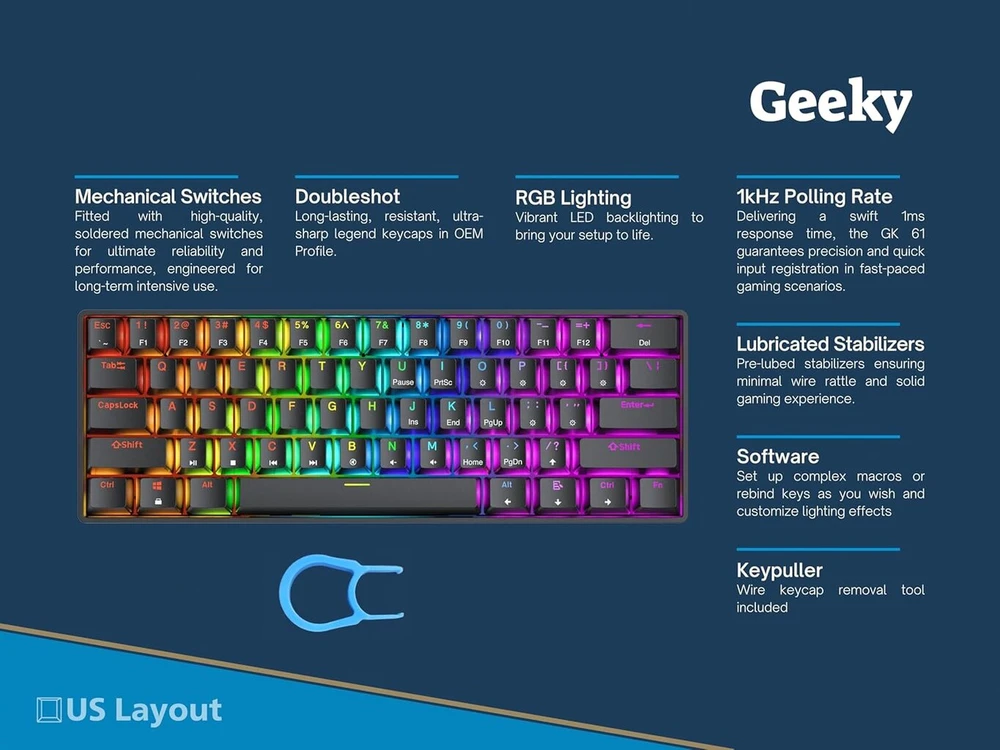 Geeky Gk61 Se 60% mechaninė žaidimų klaviatūra, 61 klavišų daugiaspalvis Rgb Led apšvietimas, skirta Pc/mac žaidėjams, Ansi Us American išdėstymas (juoda, mechaniniai red jungikliai)