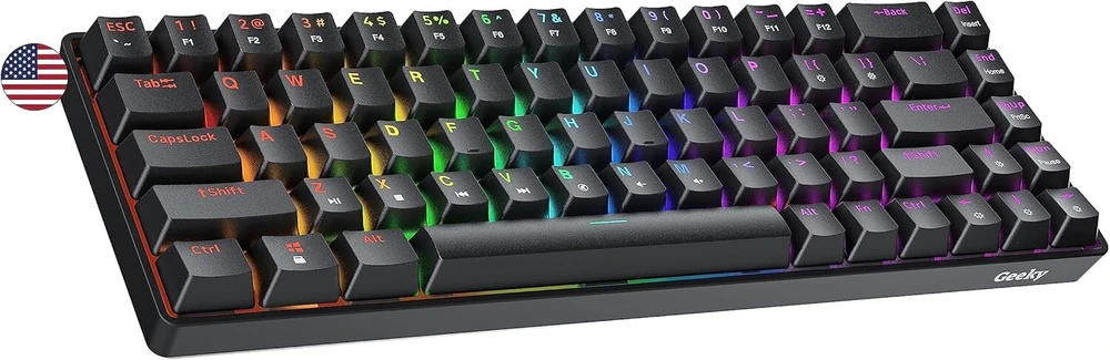 Geeky Gk65 65% | karštai keičiama mechaninė žaidimų klaviatūra | 68 klavišų įvairiaspalvis Rgb Led apšvietimas, skirtas Pc/mac žaidėjams | Ansi Us American išdėstymas (juoda, mechaninė juoda)