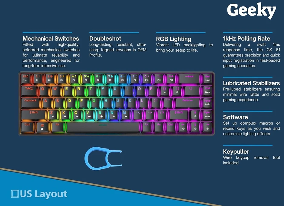 Geeky Gk65 65% | karšto keitimo mechaninė žaidimų klaviatūra | 68 klavišų daugiaspalvis rgb led apšvietimas, skirtas pc/mac žaidėjams | ansi us american išdėstymas (juoda, mechaninė ruda)