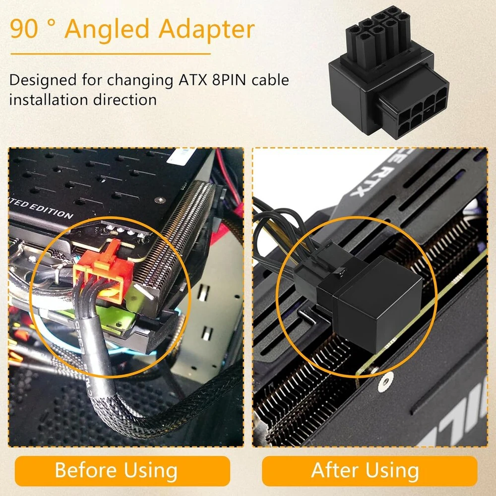 Gelrhonr 2 vnt. Gpu Vga Pcie 8 kontaktų maitinimo adapteris stačiu kampu 90 laipsnių kampo kištuko maitinimo adapterio plokštė stacionariems kompiuteriams grafikos plokštė - juoda