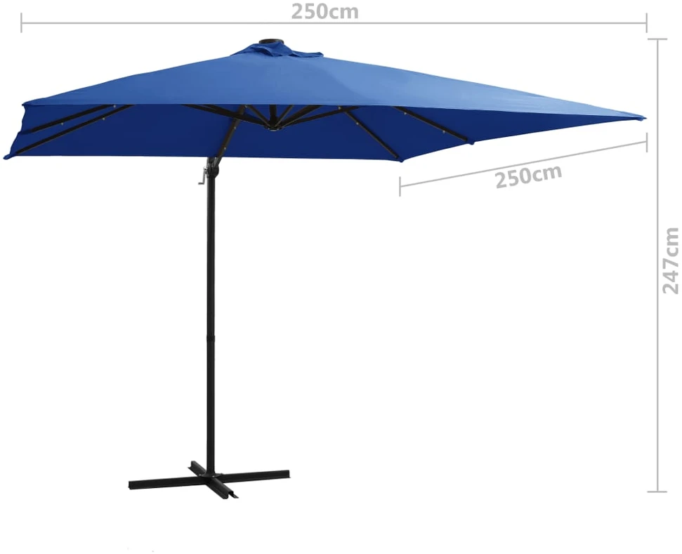 Gembinis skėtis su LED ir plieniniu stulpu, mėlynas, 250x250cm