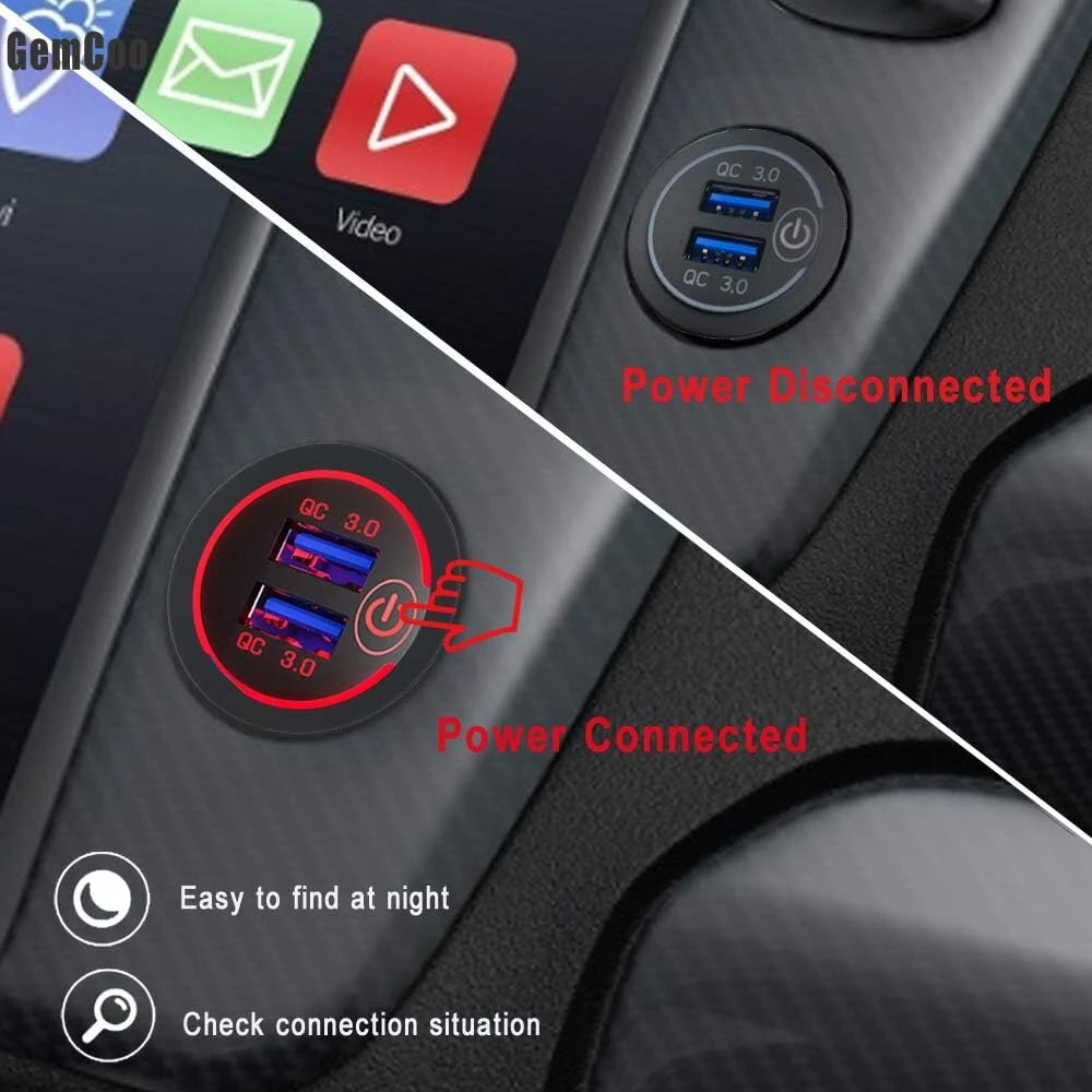 Gemcoo Qc 3.0 Usb automobilinis įkroviklis 12 V/24 V 36 W su jutikliniu jungikliu, dviem Quick Charge 3.0 įkrovimo jungtimis, greitas įkrovimas automobiliams, valtims, motociklams, sunkvežimiams, nameliams ant ratų, laivams, raudonas