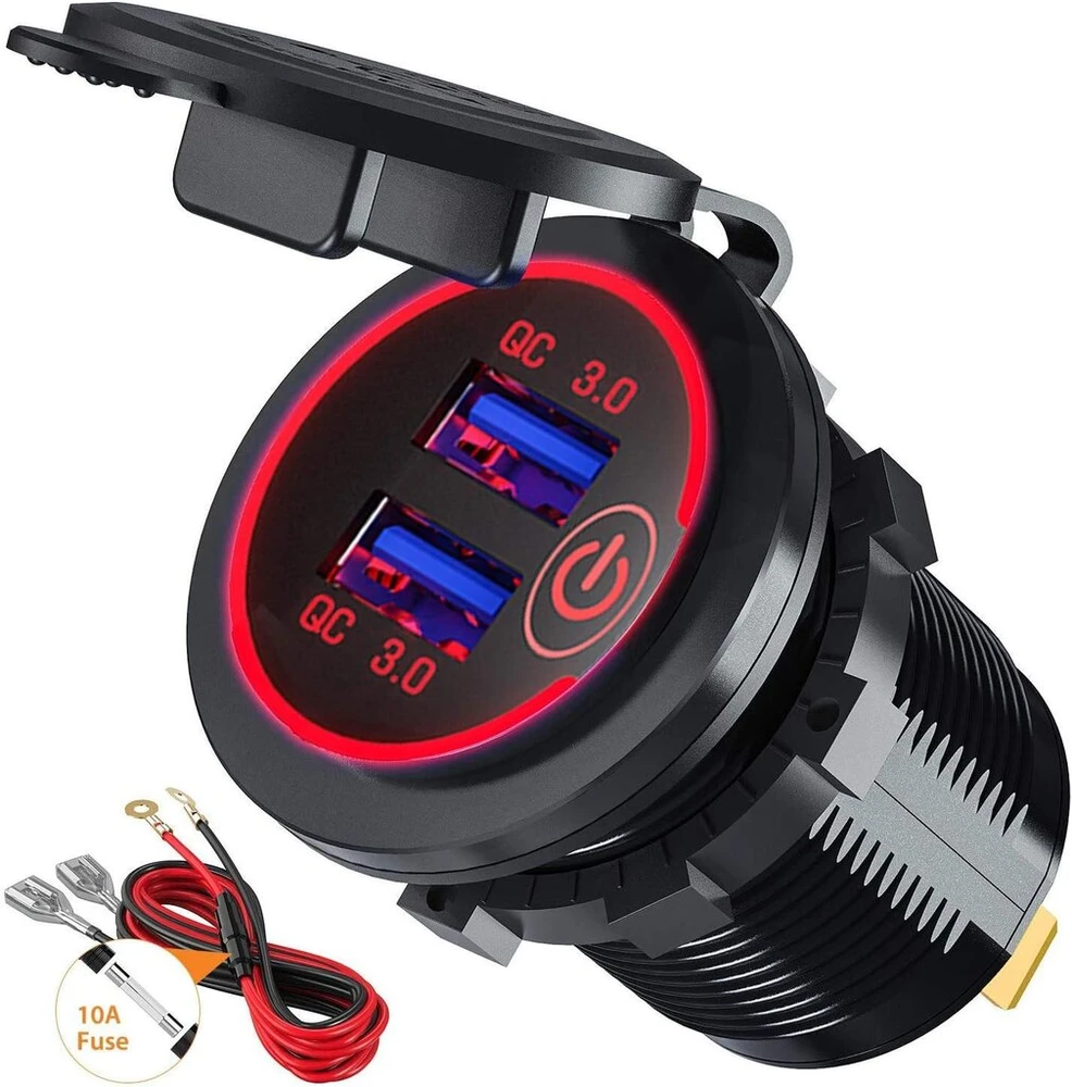 Gemcoo Qc 3.0 Usb automobilinis įkroviklis 12 V/24 V 36 W su jutikliniu jungikliu, dviem Quick Charge 3.0 įkrovimo jungtimis, greitas įkrovimas automobiliams, valtims, motociklams, sunkvežimiams, nameliams ant ratų, laivams, raudonas