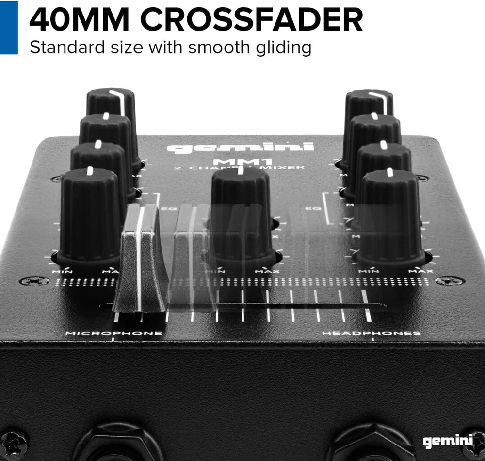 Stiprintuvas Gemini Sound Mm1 profesionalus 2 kanalų dvigubas mikrofono įėjimo stereo 2 juostų sukamasis kompaktiškas Dj podcast'ų mikšeris su crossfader'iu ir individualiu stiprinimo valdymu