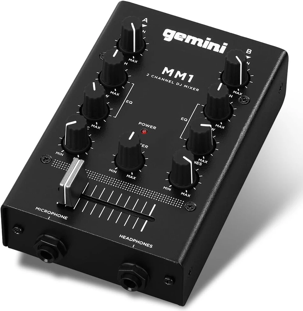 Stiprintuvas Gemini Sound Mm1 profesionalus 2 kanalų dvigubas mikrofono įėjimo stereo 2 juostų sukamasis kompaktiškas Dj podcast'ų mikšeris su crossfader'iu ir individualiu stiprinimo valdymu