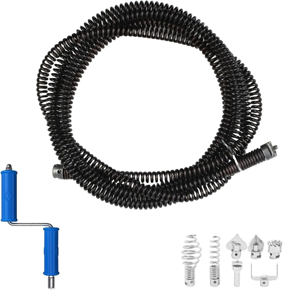 Gemsaya 2 x spiralė vamzdžių valymui, 10 m x 12 mm skersmens spiralinis kanalizacijos valiklis, daugiafunkcinis vamzdžių valymo velenas su elektriniais ir rankiniais adapteriais, vamzdžių valiklis su kanalizacijos valikliu, pjovimo galvutė