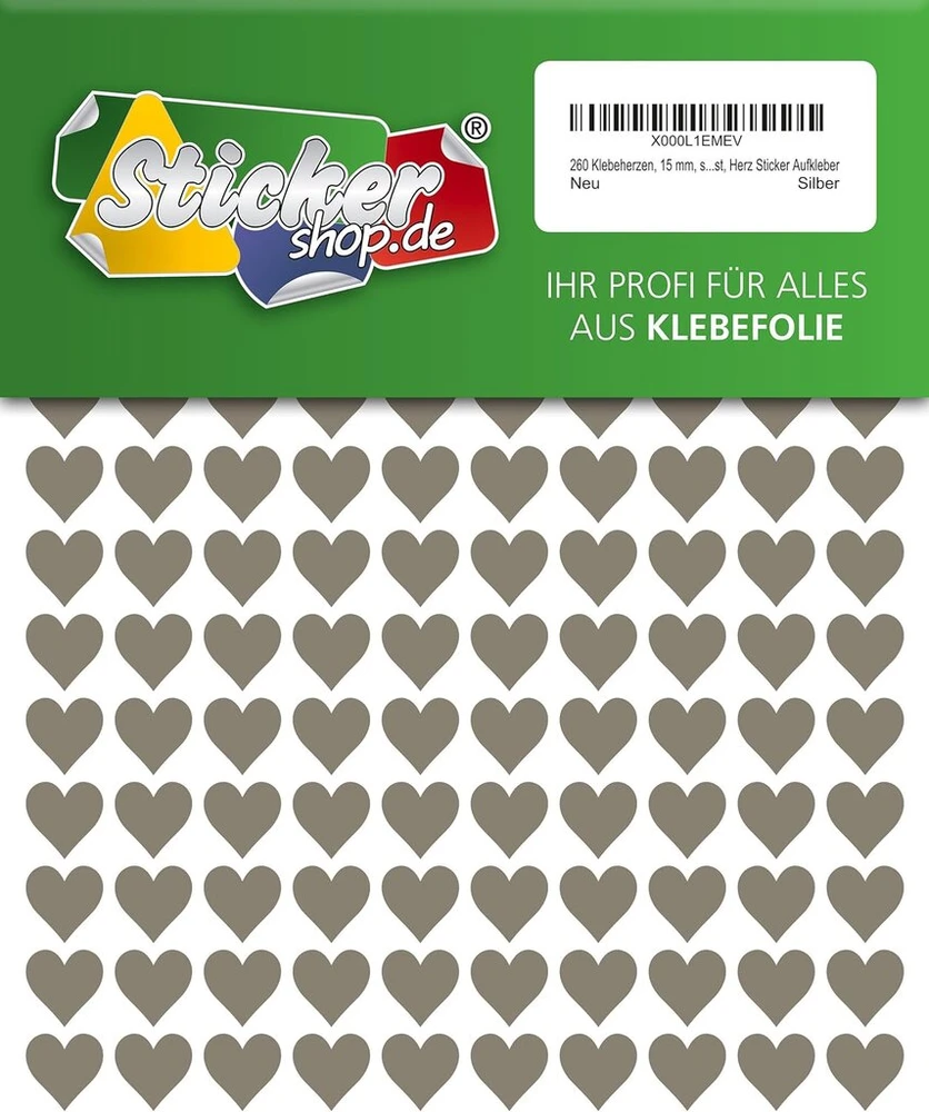 Generic 260 širdelių lipdukų, 15 mm, sidabrinės spalvos, pagaminti iš Pvc plėvelės, atsparūs oro sąlygoms, širdelės formos lipdukas
