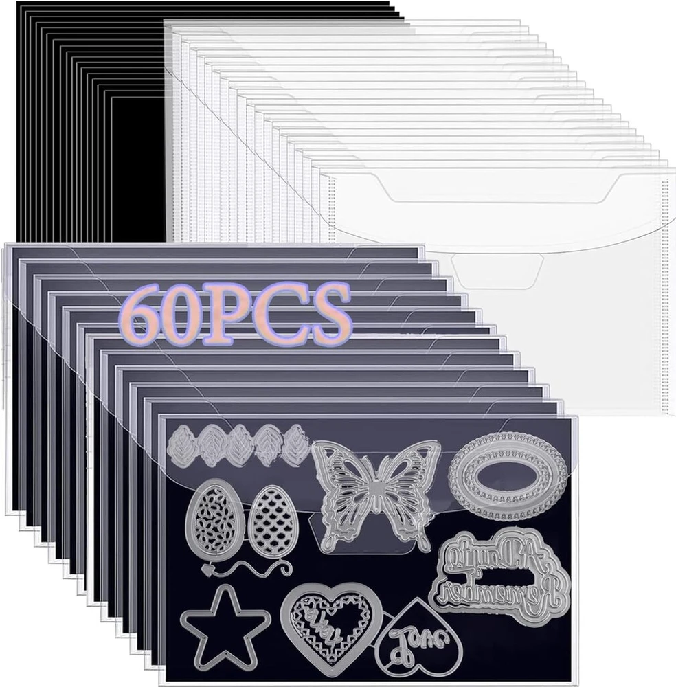 Generic 60 vienetų maišeliai štampams ir štampavimo formelėms laikyti ir guminiai magnetiniai lakštai, 0,5 mm storio magnetiniai lakštai rankdarbiams, 17,8 x 12,7 cm, uždaromi plastikiniai vokai
