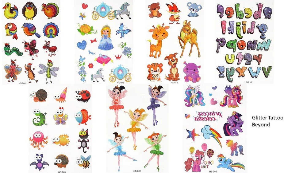 Generic 7 lapai laikinos vaikų tatuiruotės gyvūnų tatuiruotės fėjų tatuiruotės princesių tatuiruotės vienaragio tatuiruotės su blizgučiais 7