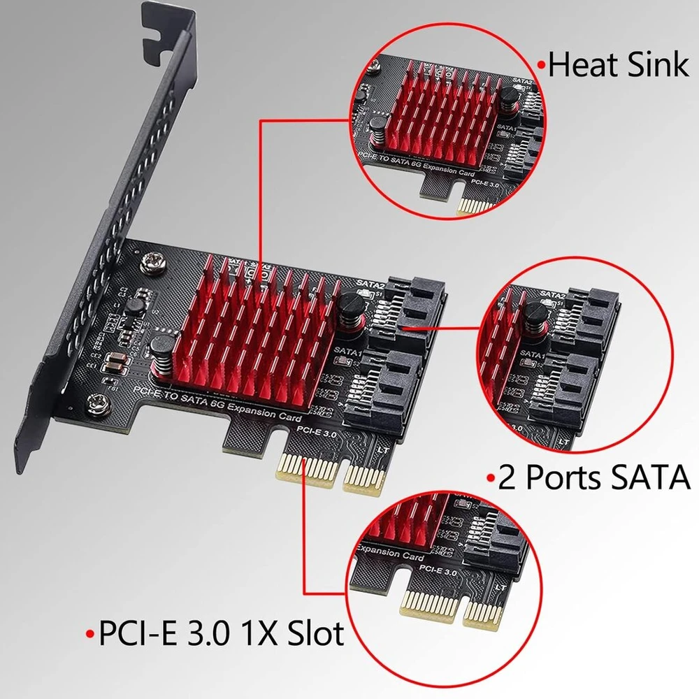 Atminties kortelė Generic Pcie 1x Sata kortelė, 2 prievadai, 6 Gbps, su 2 Sata kabeliais