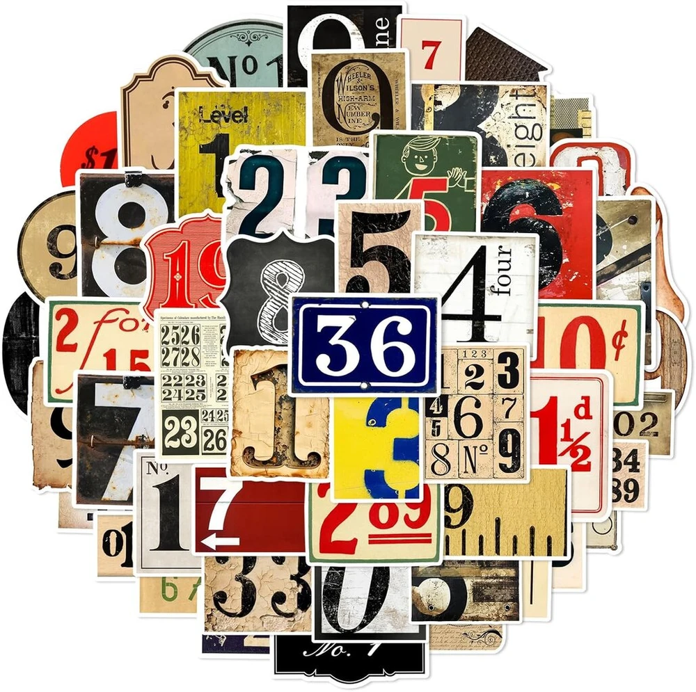 Generic Retro numerių lipdukai 50 vnt. riedlentės grafiti lipdukai motociklams dviračiams snieglentėms bagažui nešiojamam kompiuteriui automobiliui lagaminui vaikams ir paaugliams vandeniui atsparūs vinilo lipdukai